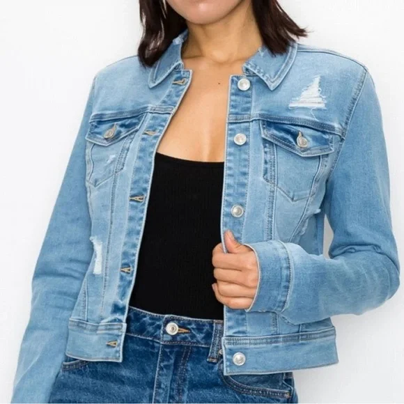 Wax Jean Vintage Denim Jacket Mid Blue Wash Distressed Casual Layers Medium VTG - Picture 1 of 12